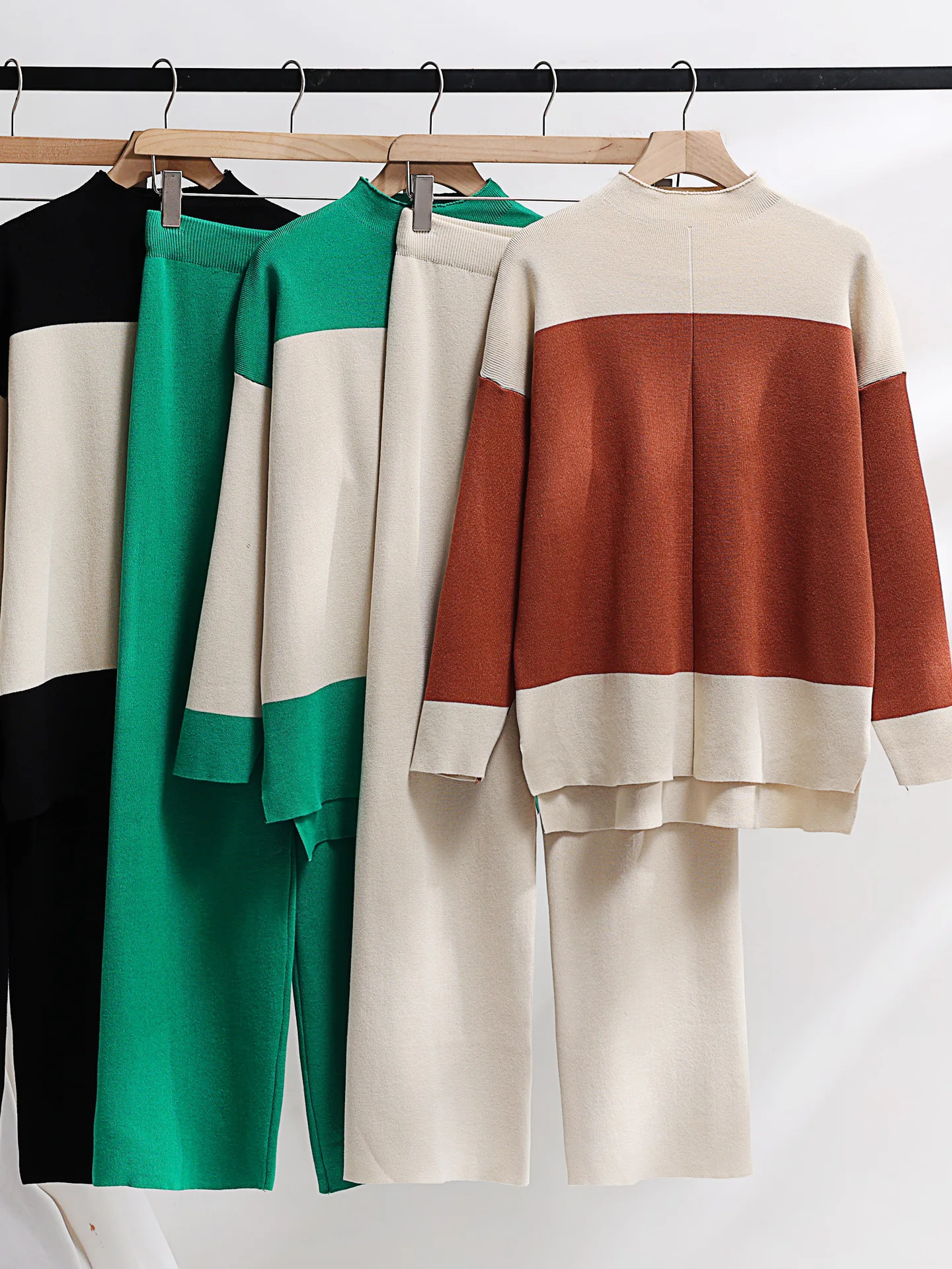 

Осень-зима 2023, повседневные брюки, женский костюм, простой контрастный трикотажный свитер и брюки с широкими штанинами, комплект из двух предметов, женская одежда