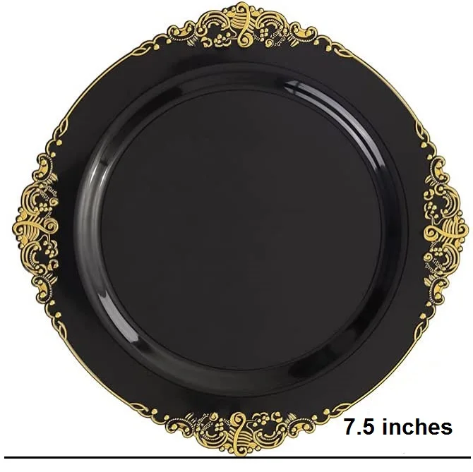 Black Plastic Plates with Gold Rim-Lace Design Party Plates