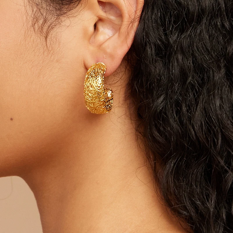 C Shape Hollowed Out Earrings 18K Gold Plated for Women Street Jewelry Gift