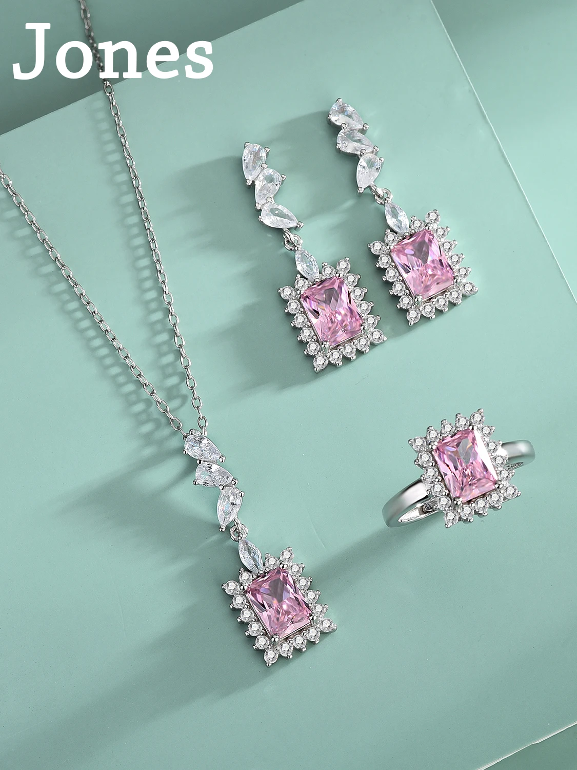 

S925 Sterling Silver Pink Ruby Three Piece Set Square Zirconia Ring Pendant Necklace Earrings Fine Jewellery for Mum