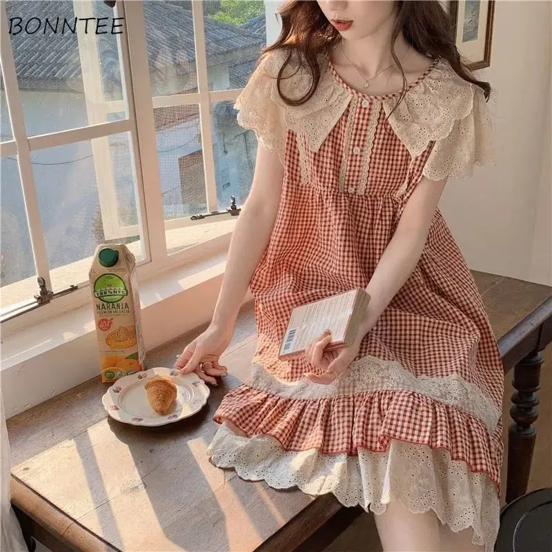 

Красная Женская кружевная Милая свободная тонкая шикарная Пижама до середины икры с круглым вырезом во французском стиле Летняя Повседневная Популярная принцесса