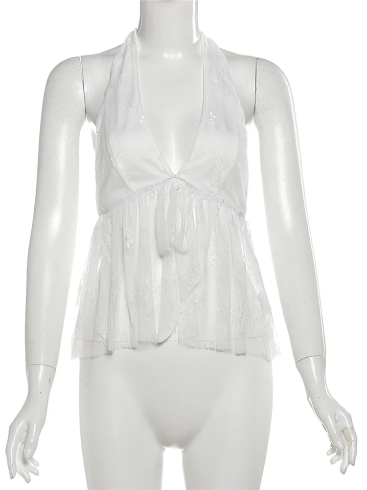 Nibber Hottie Mesh Patchwork Tank Tops Women Halter Low-Neck Backless Bow Decoration Splits Hem Wild Summer Style Streetwear