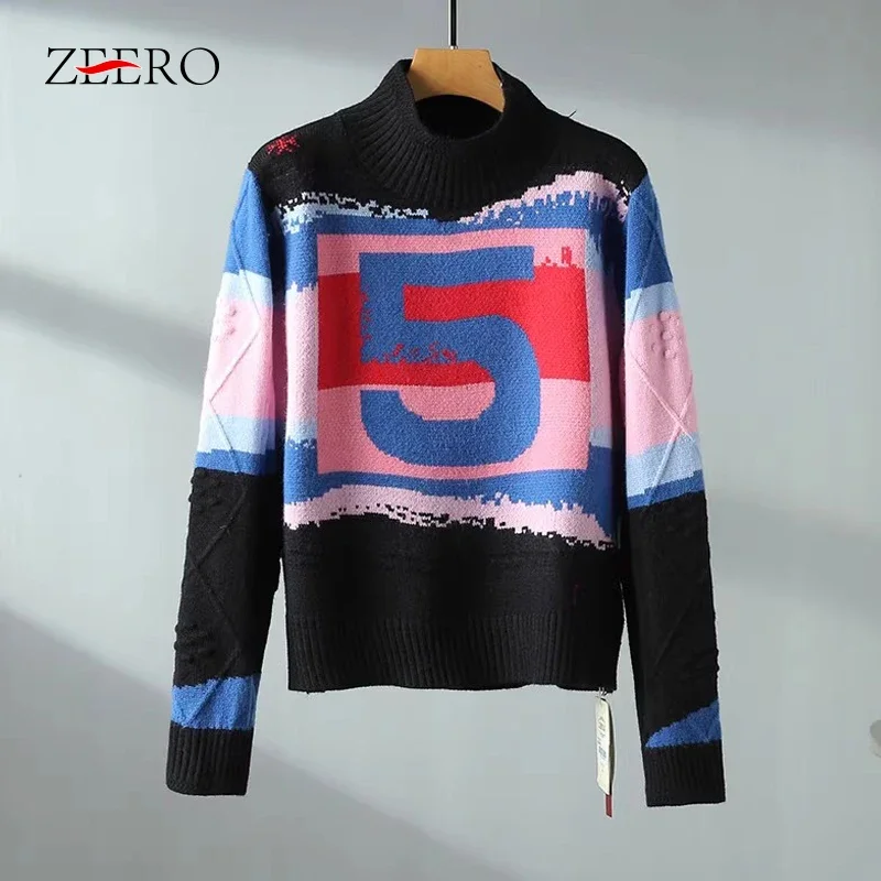 

Women Vintage Black Letter Jacquard Knitted Sweater Elegant Pullover Top Long Sleeve High Collar Contrast Color Pullovers Jumper