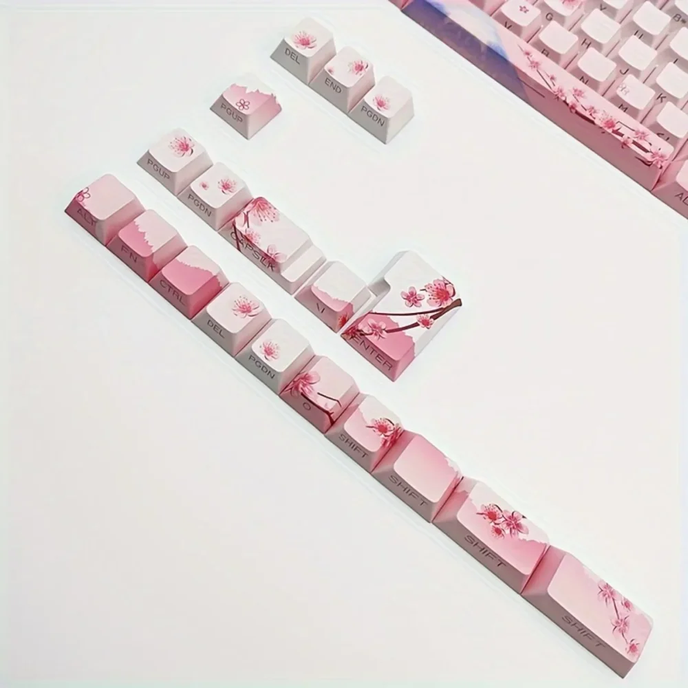 Cherry Blossom Pink Illuminated Keycap Set, Side Engraved PBT Material, 128 Keys, Cute Girl Design