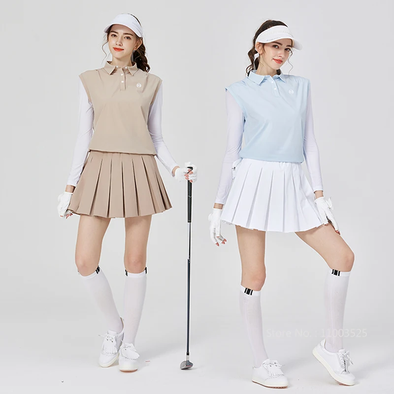 Women Golf Clothing Polo Top Ice Silk Long-sleeved Sunscreen T-Shirt Fake Two-piece Loose Shirt Tennis Pleated Skirt Ladies Golf Skorts