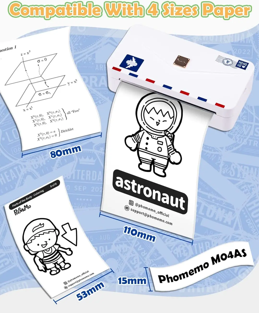 Phomemo-Imprimante thermique portable sans fil, imprimante photo, papier sans encre, maison, école, bureau, 110mm, 304dpi, M04AS