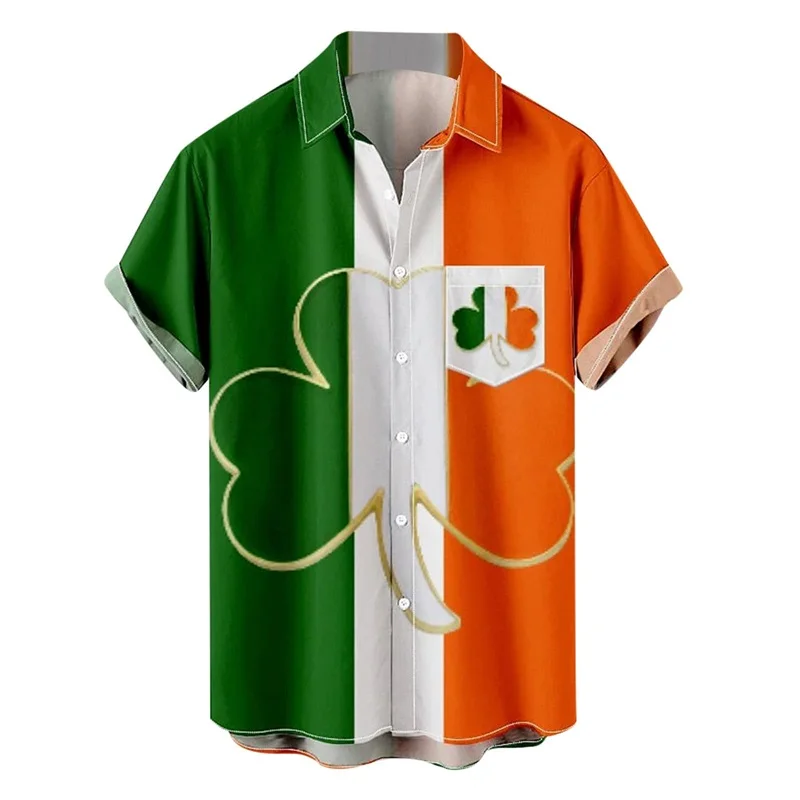 Camisa del Día de San Patricio para hombre, con estampado 3D, divertida camiseta de trébol verde, camisa informal de manga corta con botones para el Día de San Patricio para hombre
