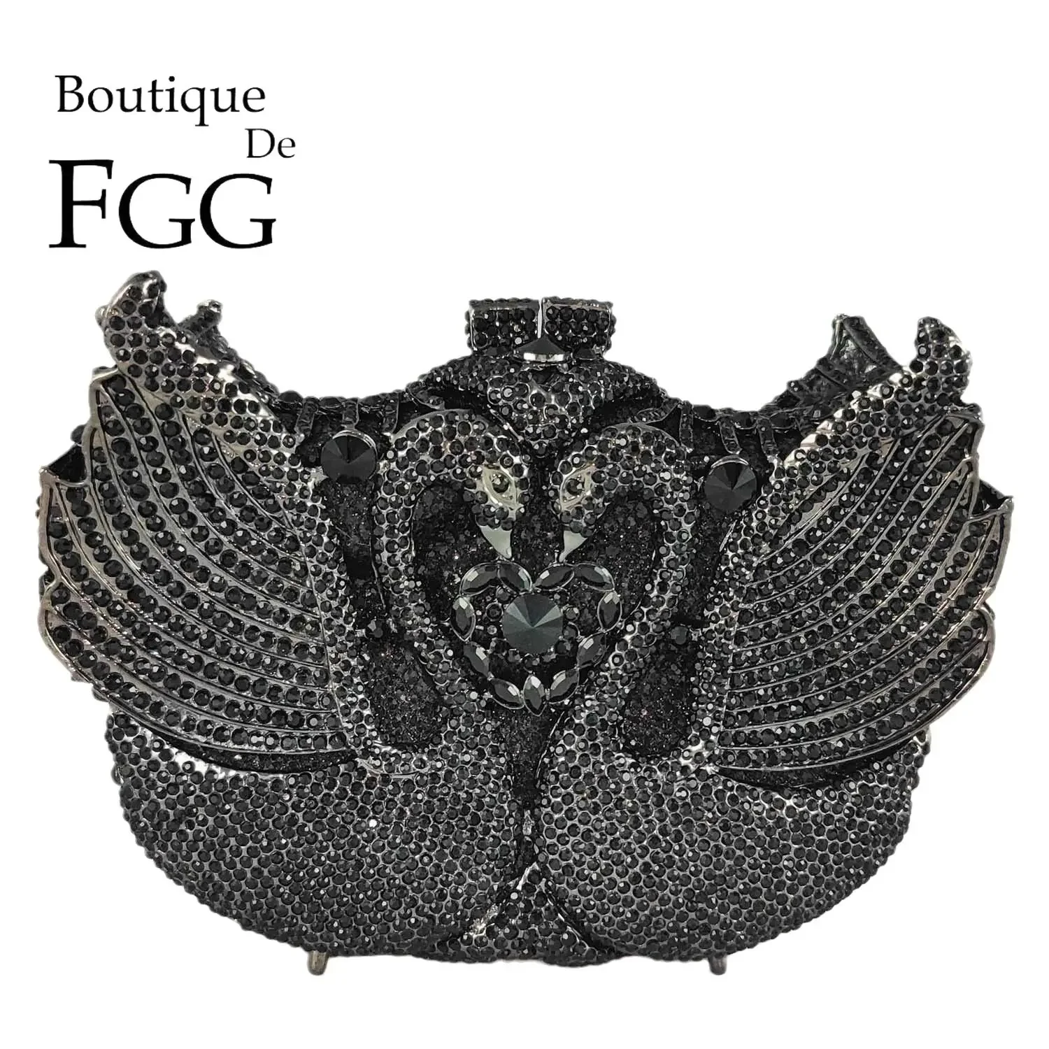 

Boutique De FGG Women Black Swan Clutch Crystal Evening Bags Bridal Party Dinner Rhinestone Handbags Minaudiere Purse