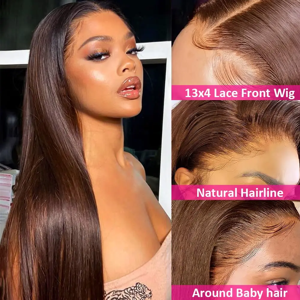 

13x4 Chocolate Brown Lace Front Wigs Human Hair with Baby Hair 180 Density Straight Lace Frontal Human Hair Wigs Pre Plucked