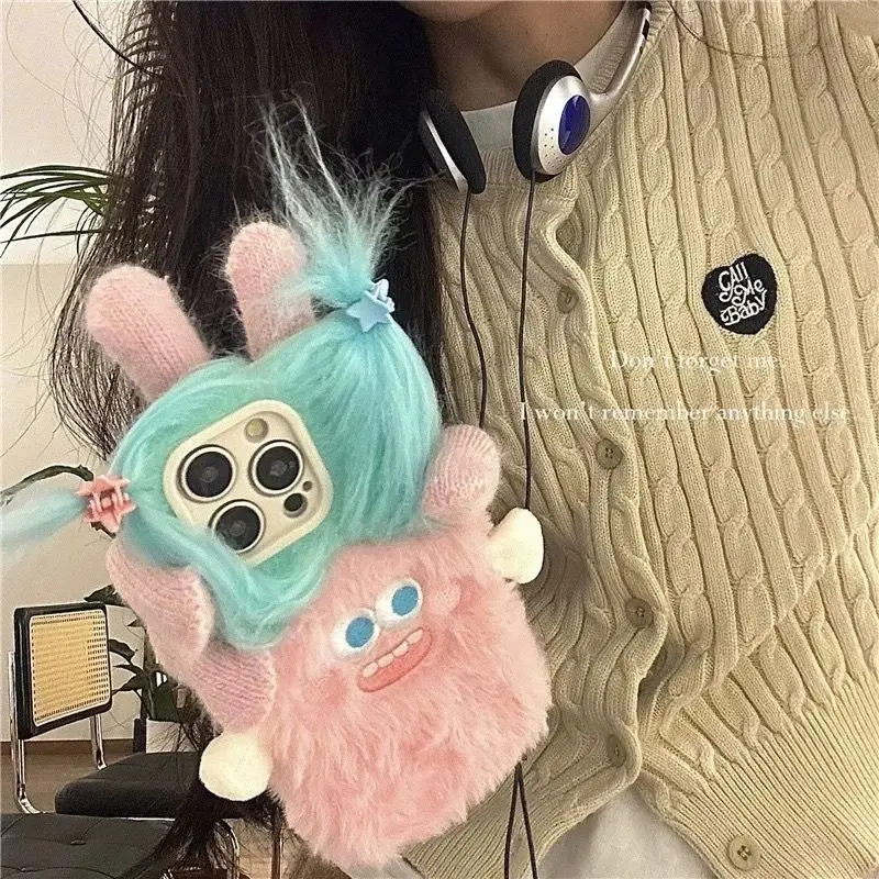 Adorable Cartoon Plush Shock-Proof Phone Case with DIY Clamp