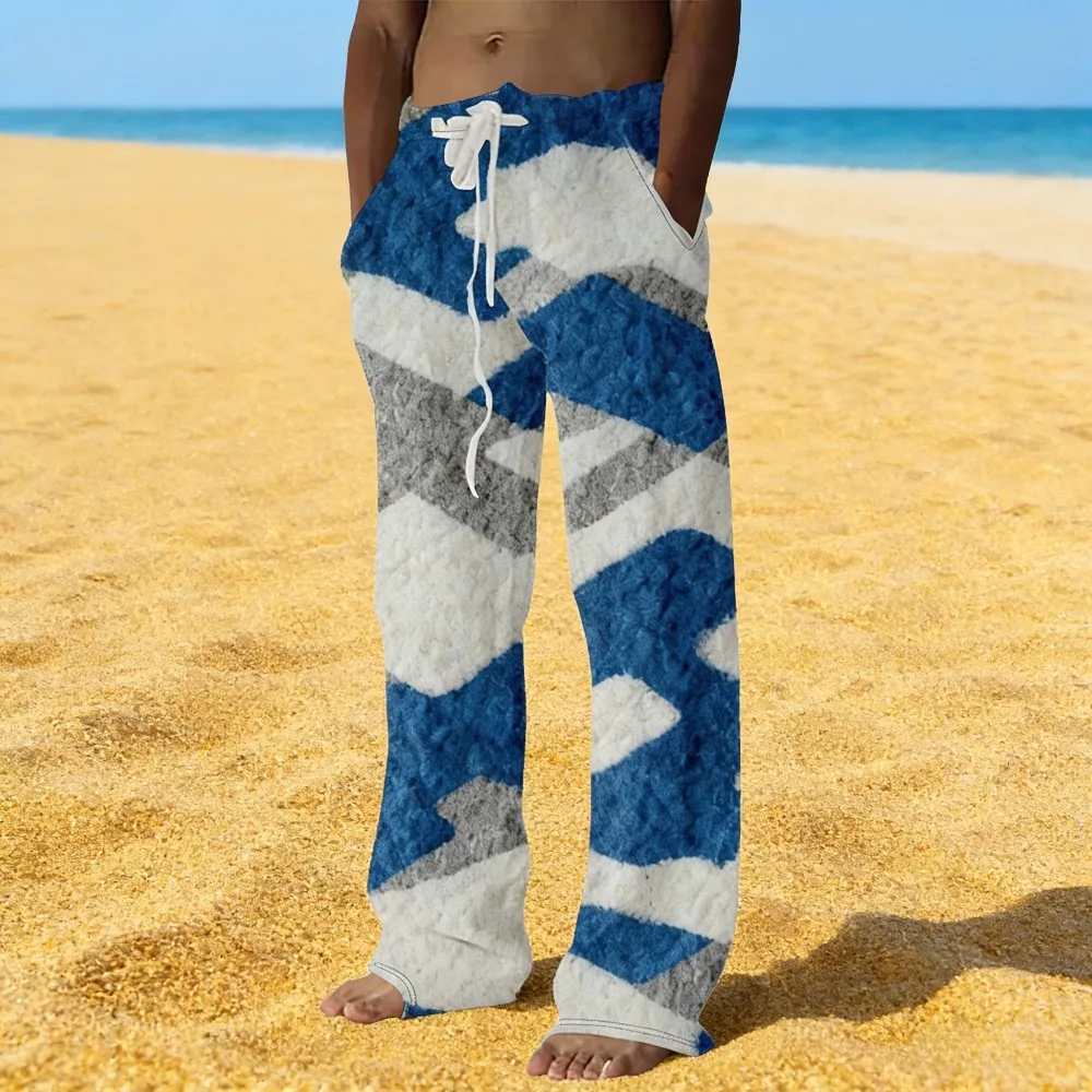 Herren-Freizeithose im Vintage-Stil, abstrakte geometrische Musterhose, böhmische Kordelzug-Taille, entspannte Passform, Sommerhose mit weitem Bein