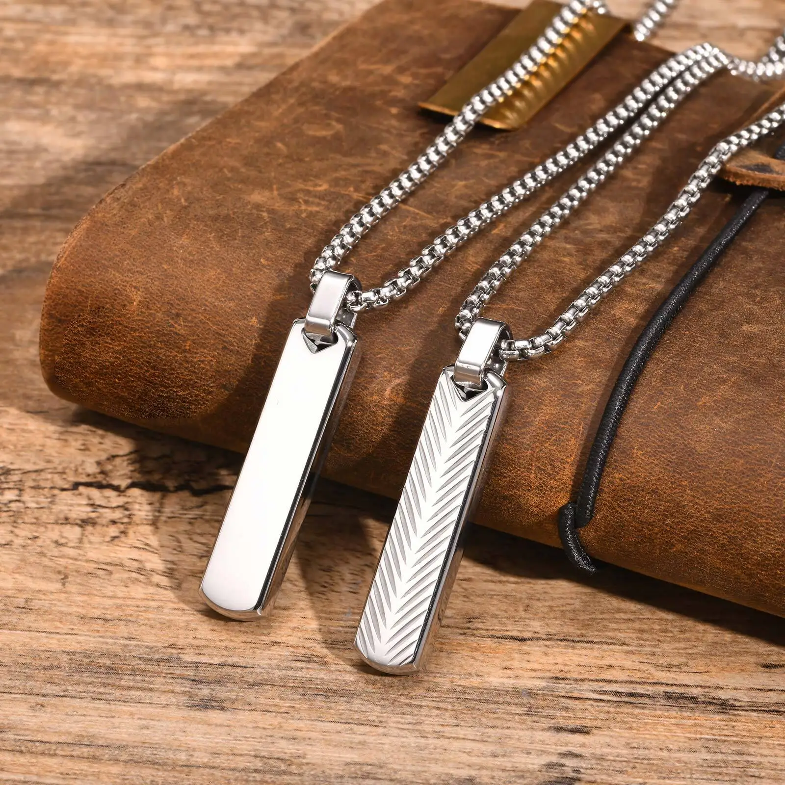 Edelstahl Schmuck Vertikale Bar Anhänger Mann Halsketten Silber Farbe Kragen Einfache Für Papa Freund Valentinstag Geschenk – Detail 2