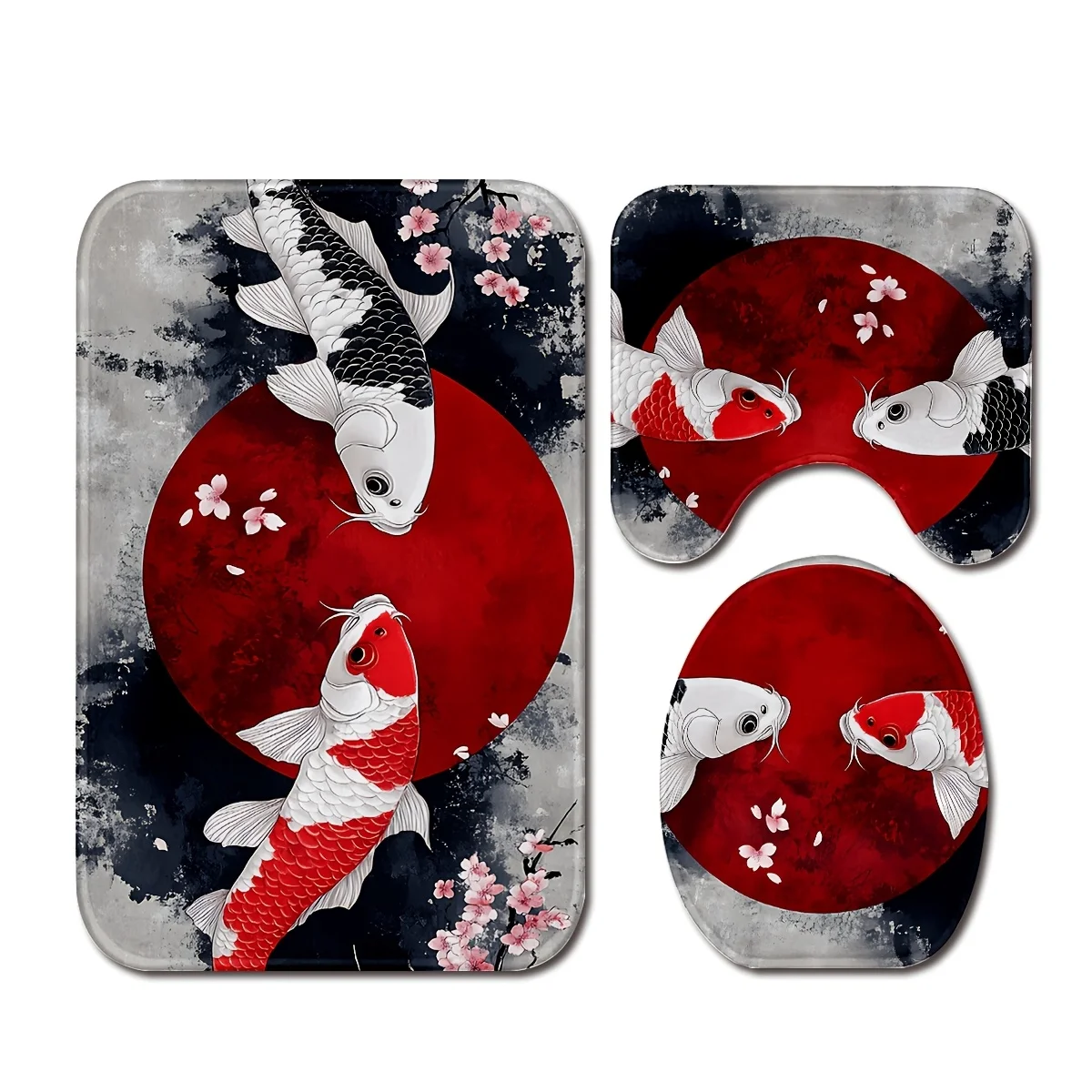 Oriental Black and Red Koi Bathroom Set - Anti Pulley Profile Mat, Toilet Lid, and Bath Mat for Elegant Home Decor 3