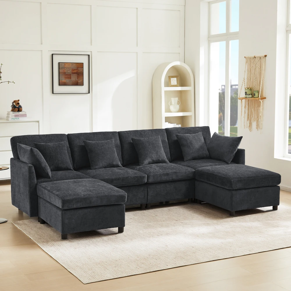 Modernes Chenille-Stoffsofa - Modulares U-förmiges Ecksofa mit abnehmbarem Fußhocker, perfekt für das Wohnzimmer. – Detail 18