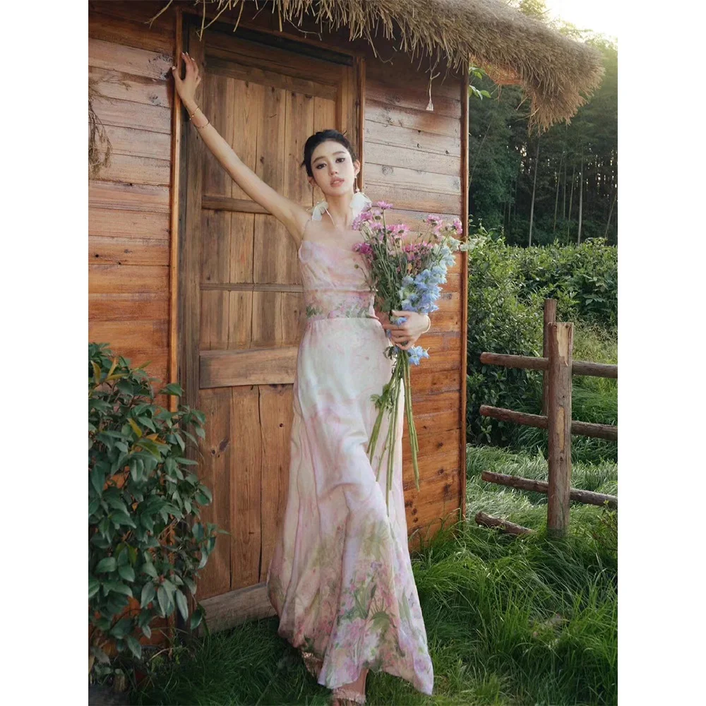 

High quality! Tea break gentle floral floor length dress 2024 summer sexy backless chic stunning halter dresses