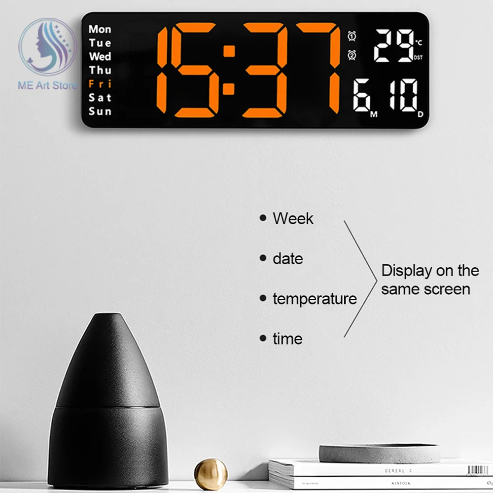13 Inch LED Digital Wall Clock Remote Control Temp Date Week Display Memory Table Wall-mounted Dual Electronic Alarms Clocks
