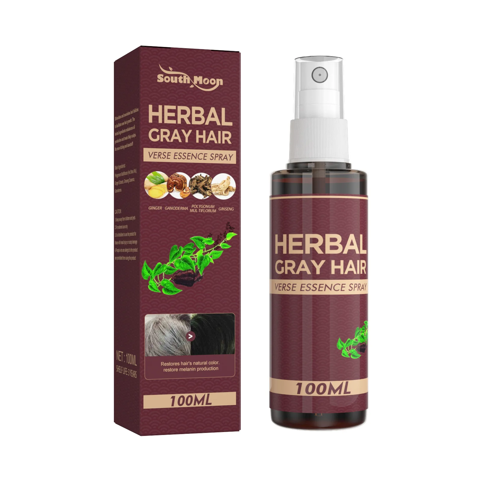 100ml Hair Darkening Spray Anti White Hair Herbal Care Serum Blacken Reduce Gray Scalp Nourish Glitter Spray