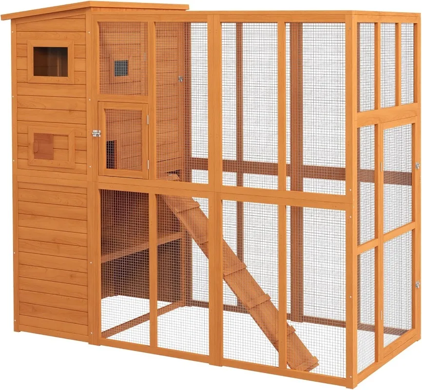 Outdoor Catio Cat House Wooden Feral Cat Shelter Cage with Platforms Waterproof Asphalt Roof Ramps 77" L Natural