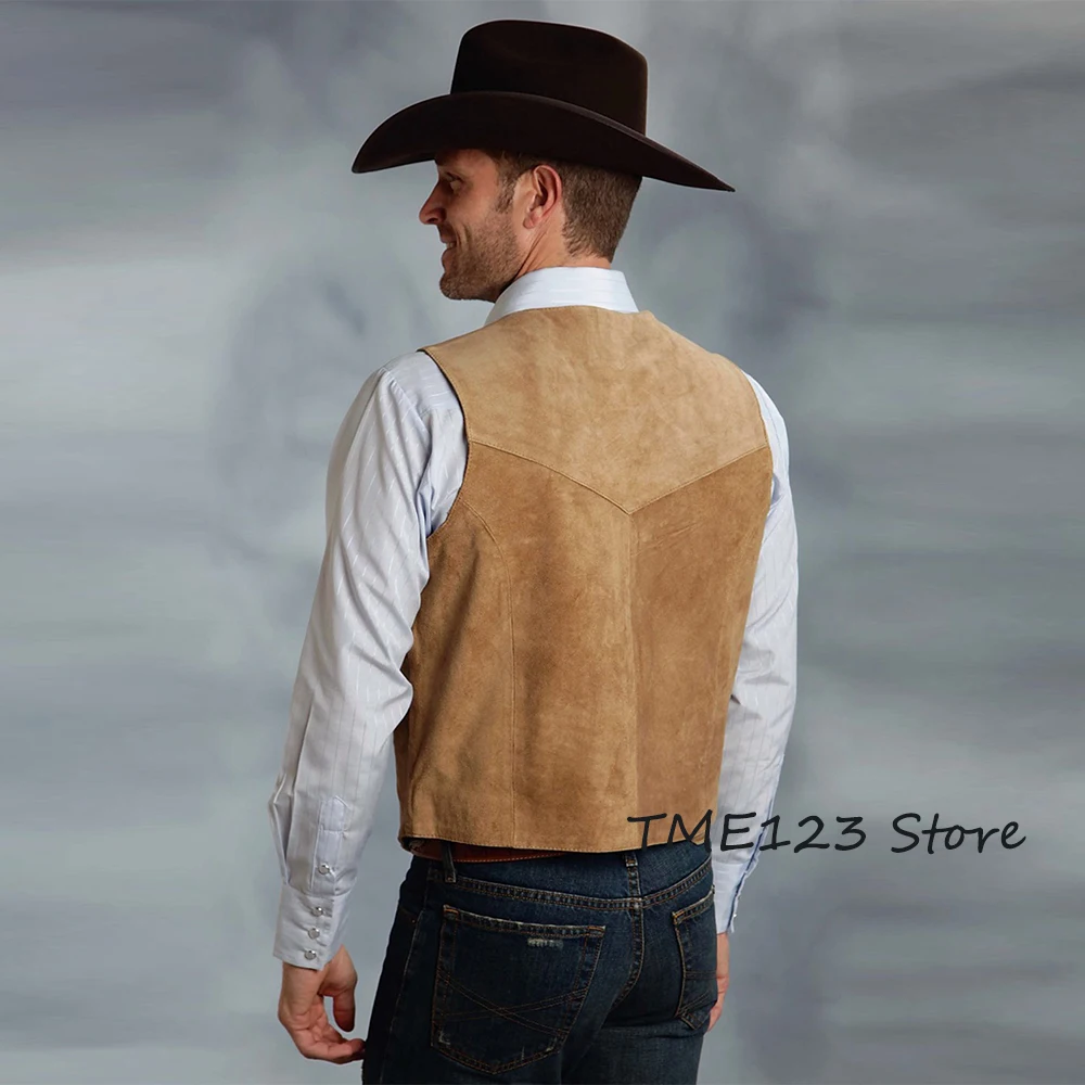 Men's Suede Slim Fit Single Breasted Vest Casual Western Denim Vest 5 Buttons Fashion Classic Clothing