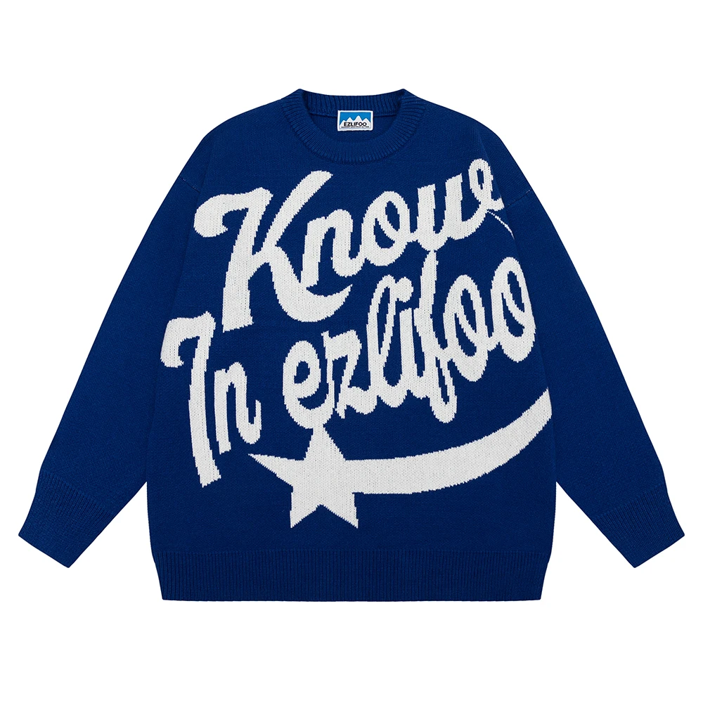 

Stars Letter Print Autumn Woolen Pullover Sweater Men and Women Round Neck Baggy Y2k Knitted Clothes Ropa Hombre Casual Tops