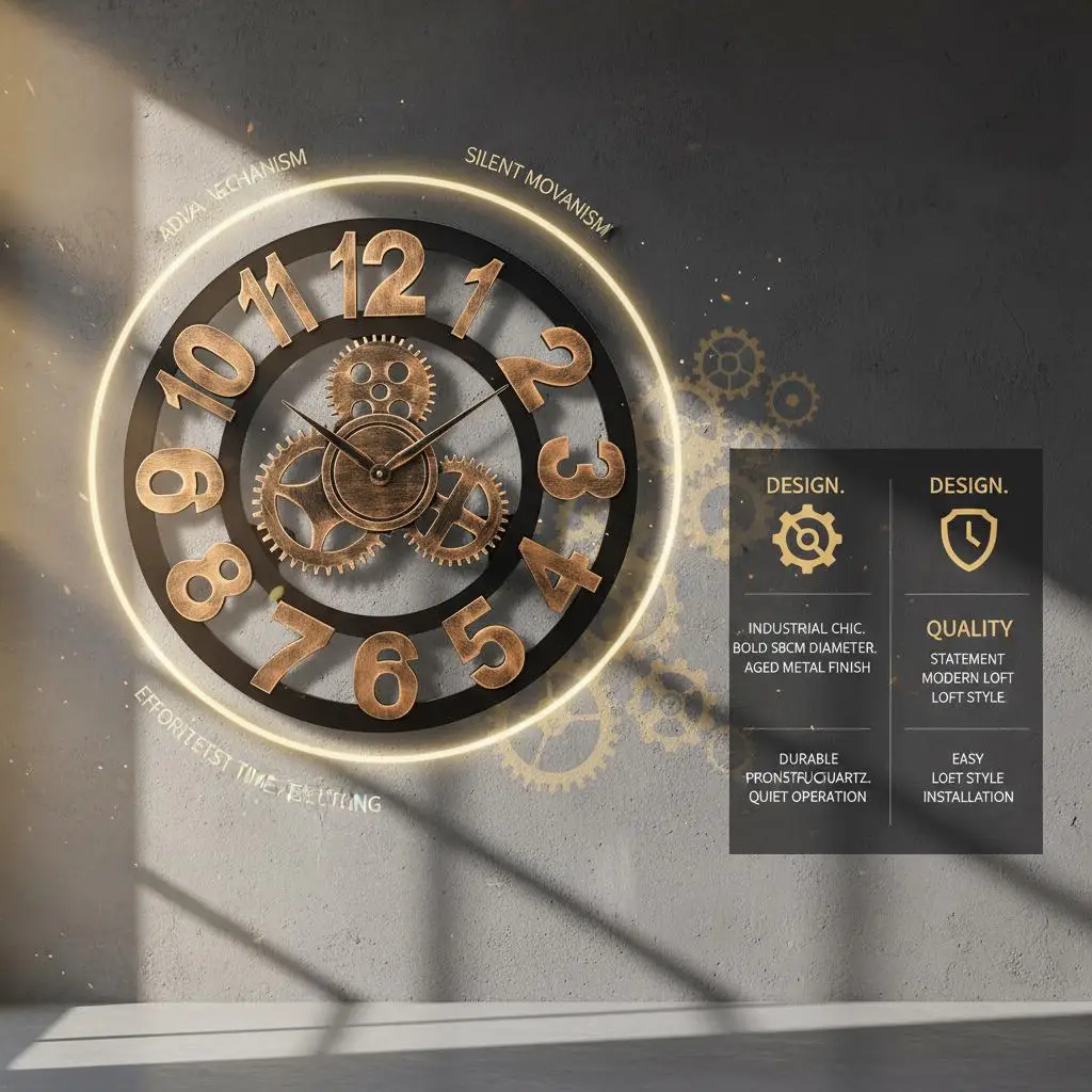 Wanduhr aus Metall, 58 cm, Gold und Schwarz, geeignet für Häuser, Büros und Empfangsbereiche. – Detail 4