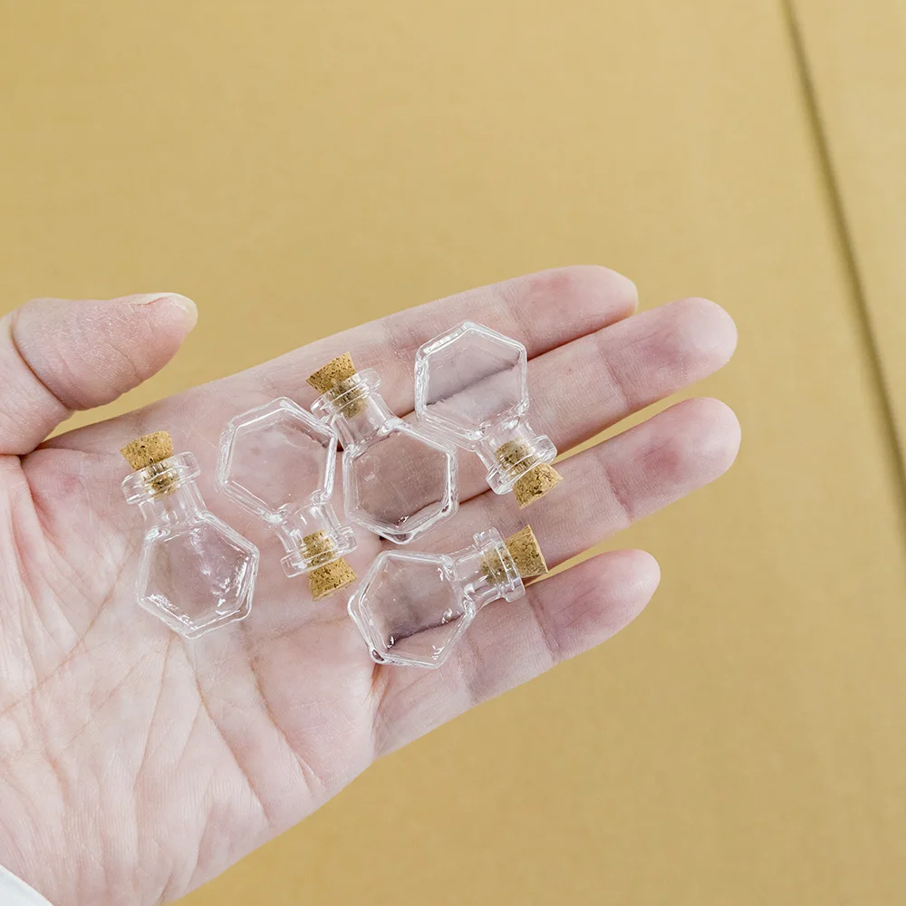 10pcs Mini Glass Flask Bottles With Cork Clear Clour Tiny Hexagon Shape Cute Small Jars Vials DIY Gift