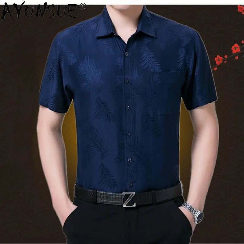 

High Quality 100% Mulberry Real Silk Shirts for Men Short Sleeve Shirt Men's Clothing Loose Summer Tops Shirt Male Ropa Hombre