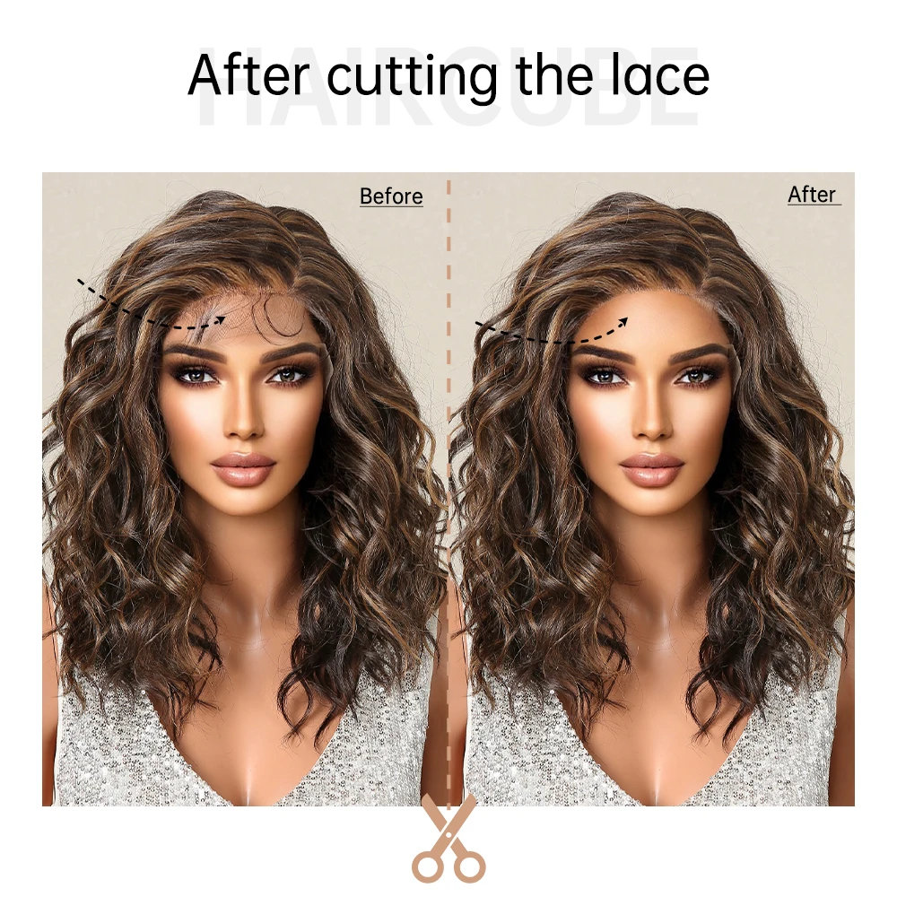 Lace Front Synthetic Wigs Preplucked Curly Wave Brown Golden Highlight Shoulder Length Lace Wig for Black Women Heat Resistant - 4