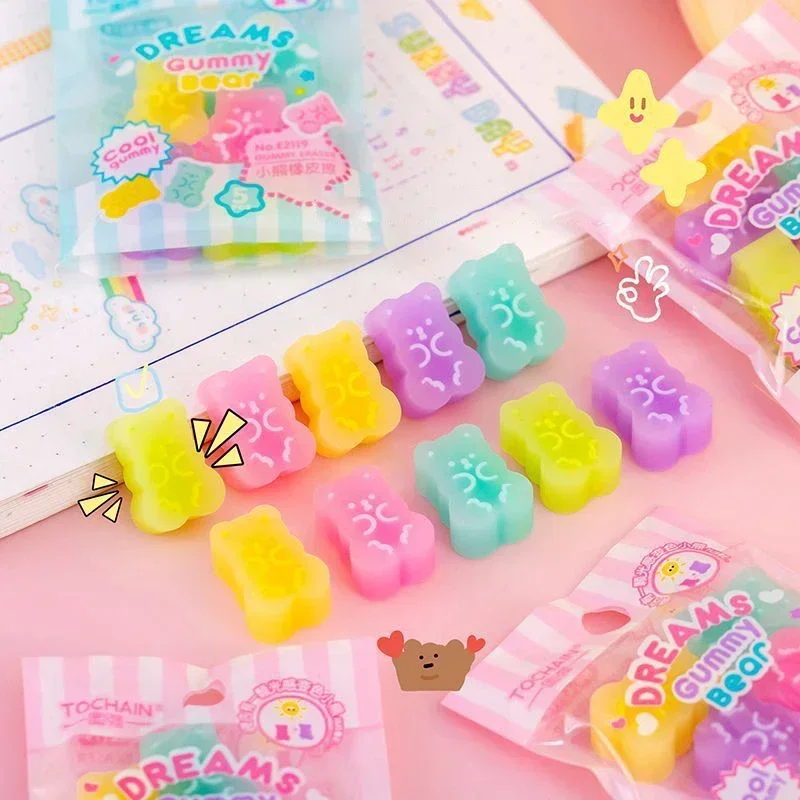 10pcs Kawaii Bear Erasers Jelly Color Pencil Rubber Cute Correction Tools Korean Stationery for School Office pencil eraser