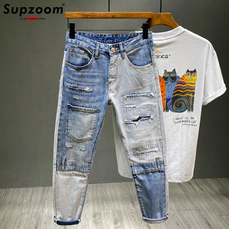 

Supzoom New Arrival Hot Sale Top Fashion Autumn Zipper Fly Stonewashed Casual Patchwork Cargo Denim Pockets Cotton Jeans Men