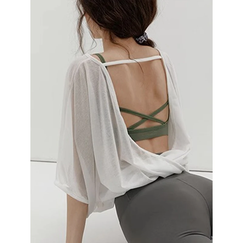2026 Newly Summer Oversized T-Shirt Women Backless Sexy Cut Out Streetwear Tees Yoga Tops Jogger Running Shirts Blusa Feminina 1