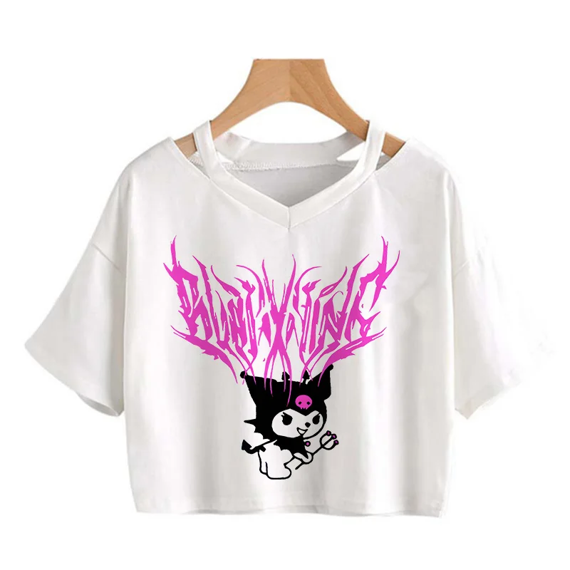 

Укороченный топ в стиле 90-х Kawaii Kuromi, забавная мультяшная футболка, Женская графическая футболка "Манга" Y2k, уличная одежда, укороченный топ, футболки для женщин