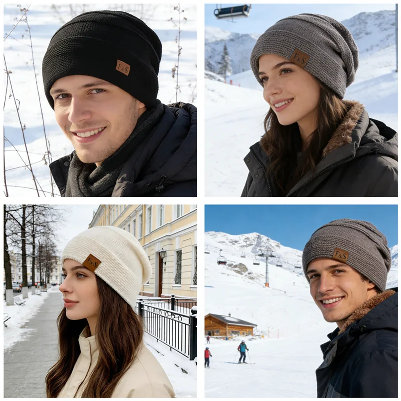 Unisex Slouchy Hats Add Fur Lined Men And Women Warm Beanie Cap Label Decor...
