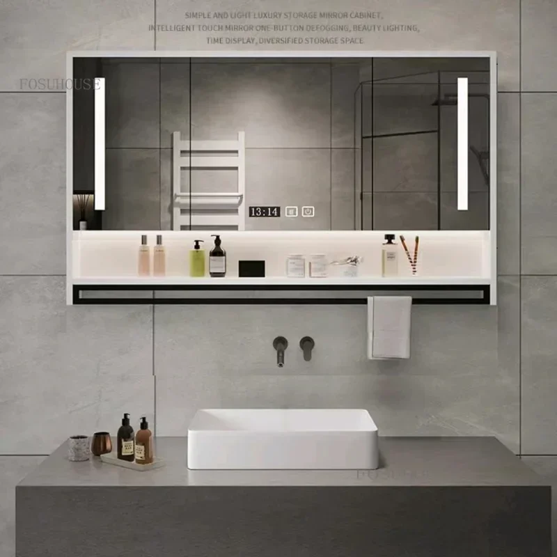 Solid Wood Bathroom Mirror Cabinet Homestay Hotel Wall-mounted Smart Cabinets Apartment Storage Shelf with Vanity Mirror p