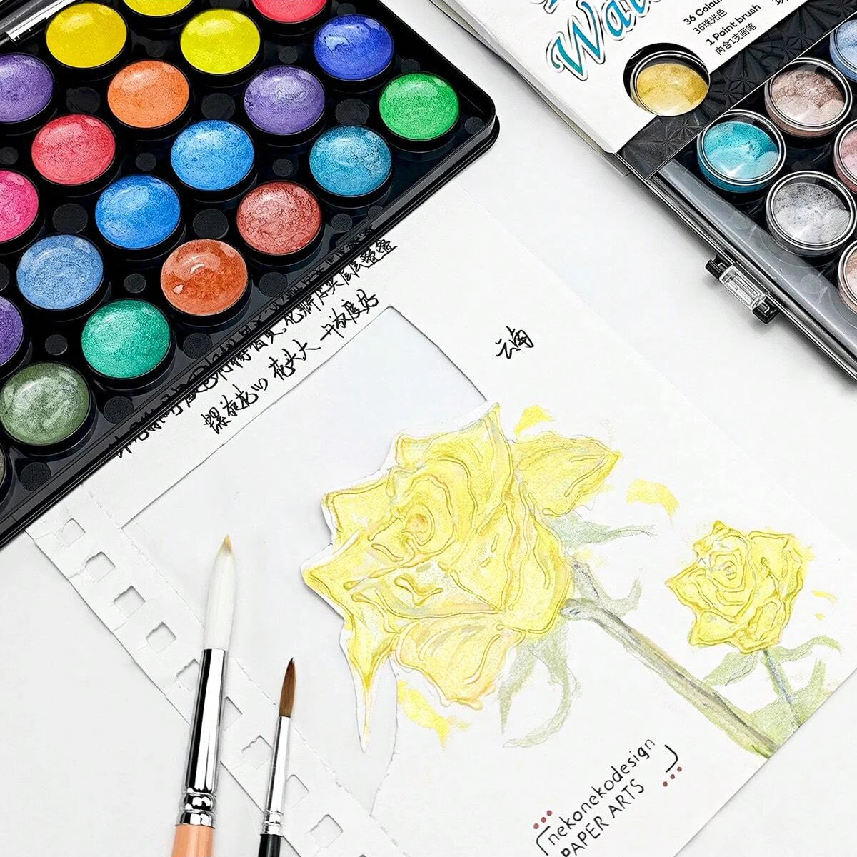 16/36 Colors Pearlescent Solid Watercolor Paint Set with Brush Pens Art Supplies, for Artists, Painting Lovers 4