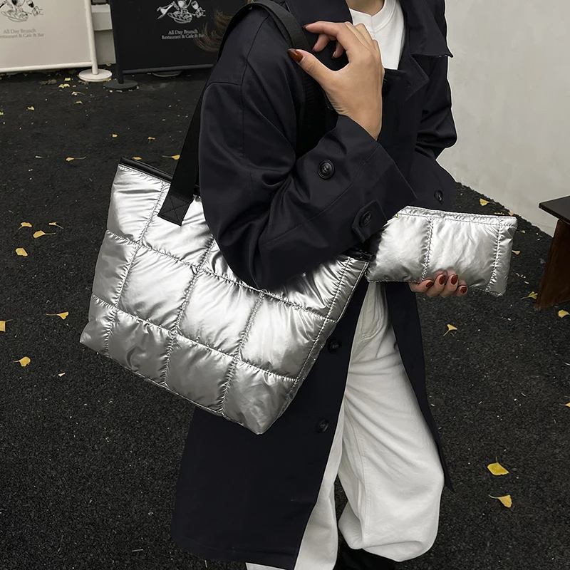 Modische Puffertaschen, luxuriöse Designer-Stepp-Umhängetasche für Damen, 2025, neue gepolsterte Handtasche, Platz-Baumwoll-Nylon-Shopper-Tasche, groß – Detail 11