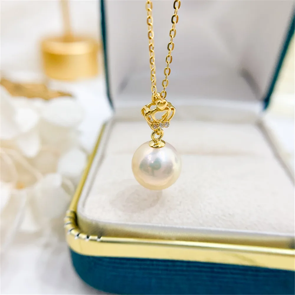 

DIY Pearl Accessories S925 Sterling Silver Pendant Empty Holder K Gold Small Crown Necklace Pendant with 8-12mm Round Oval Bar