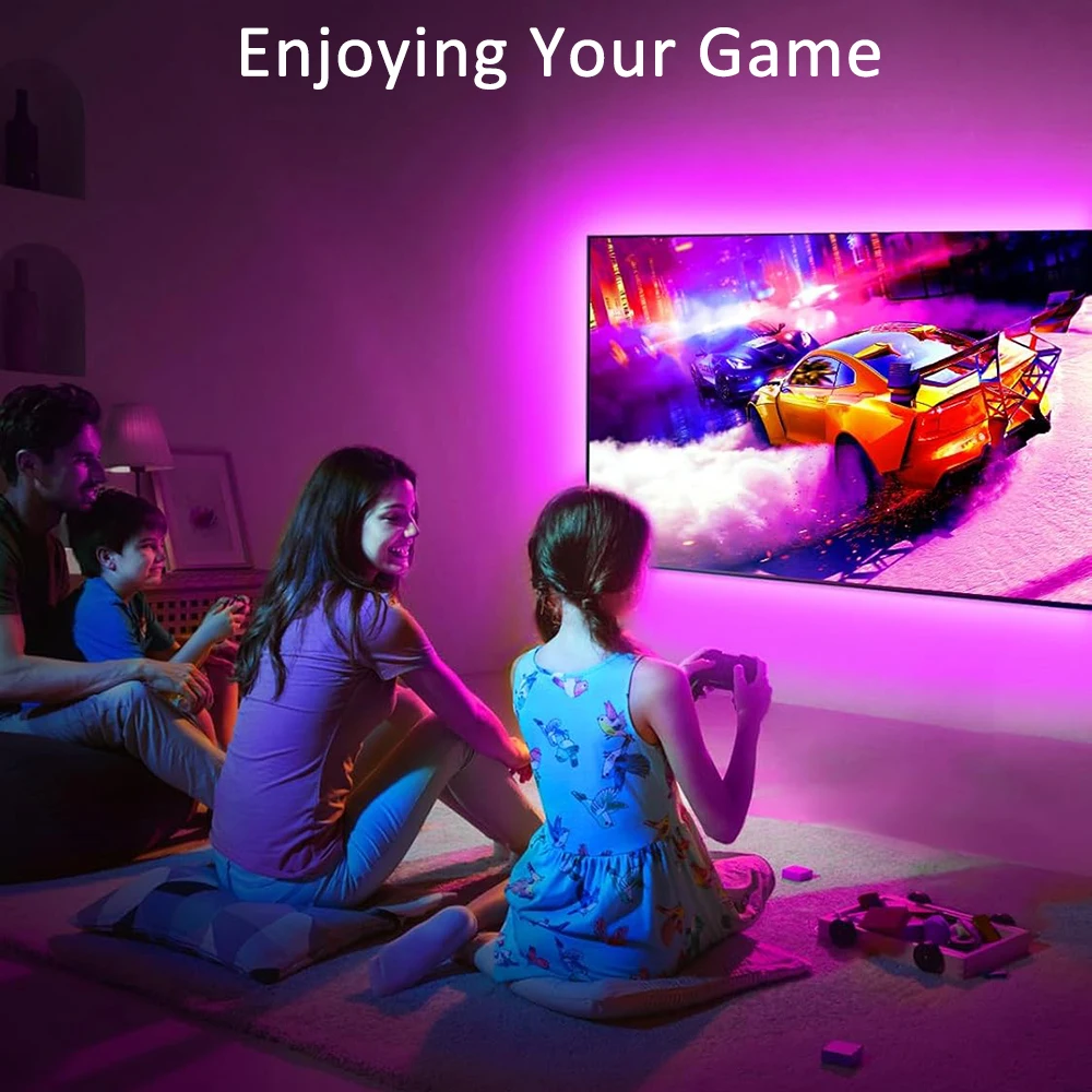 Vibrant RGB LED Strip Lights with Music Sync - Flexible Decorative Lighting for Room and Party Atmosphere