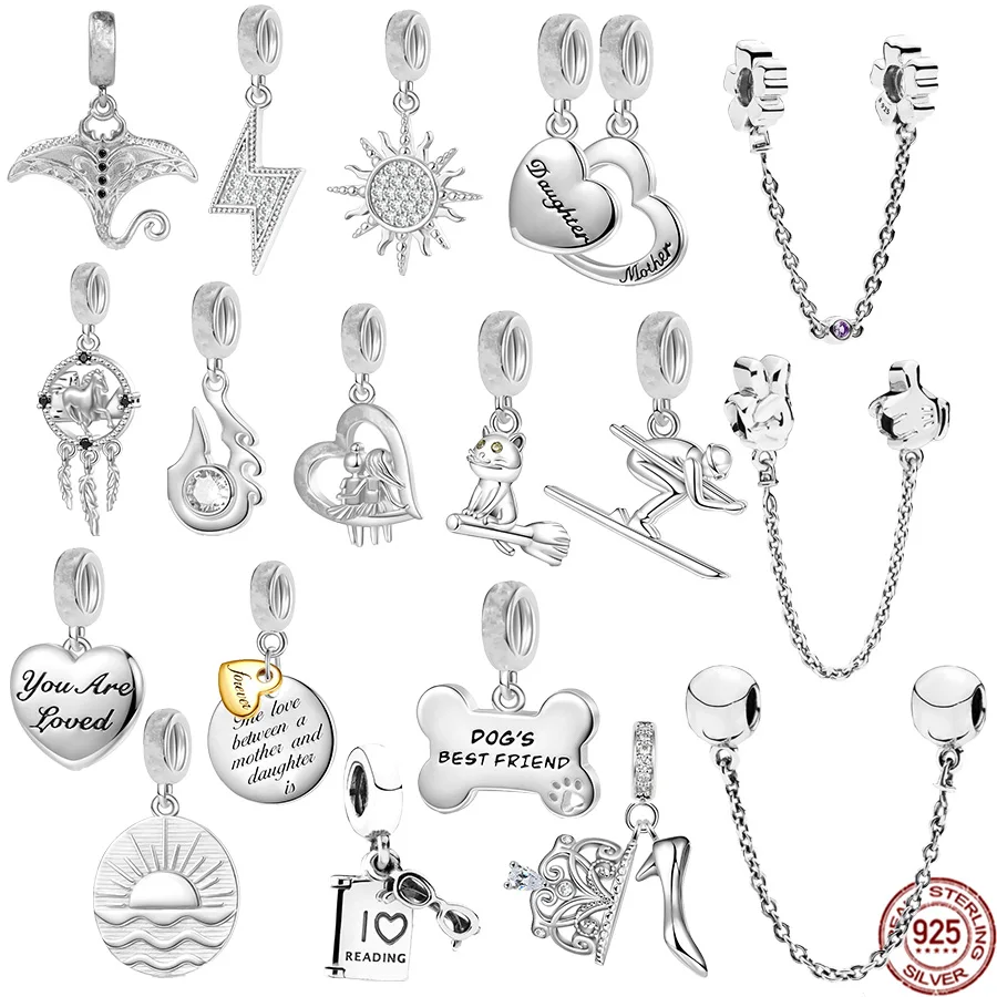 

NEW 925 Sterling Silver Elegant Crown Heels，Playful Cat Dangle Safety Chain Charm Bead Fit Original Pandora Bracelet DIY Jewelry