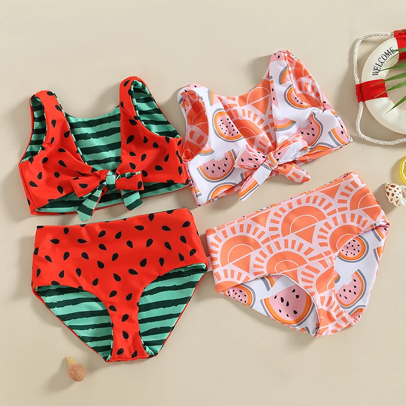 04YKidGirlBikiniSwimsuitSleevelessVNeckWatermelonPrintSummer