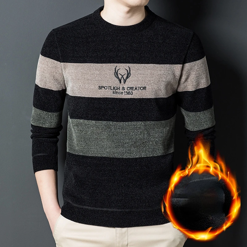 

Plush Chenille Men's Sweater for Autumn and Winter New Korean Version Thick Warm Bottom Shirt Trendy Fleece Round Neck Pullovers