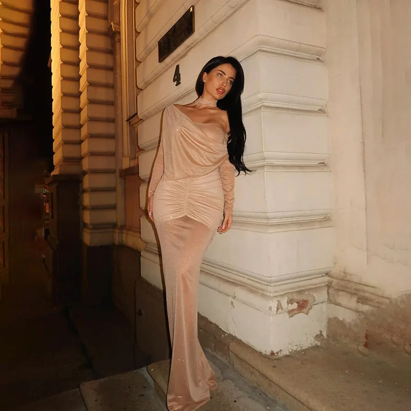 Sequin Sexy See-Through Maxi Dress Women's Pleated Glitter Off-Shoulder Summer Fashion Party Dress Gown Shiny Long Dress