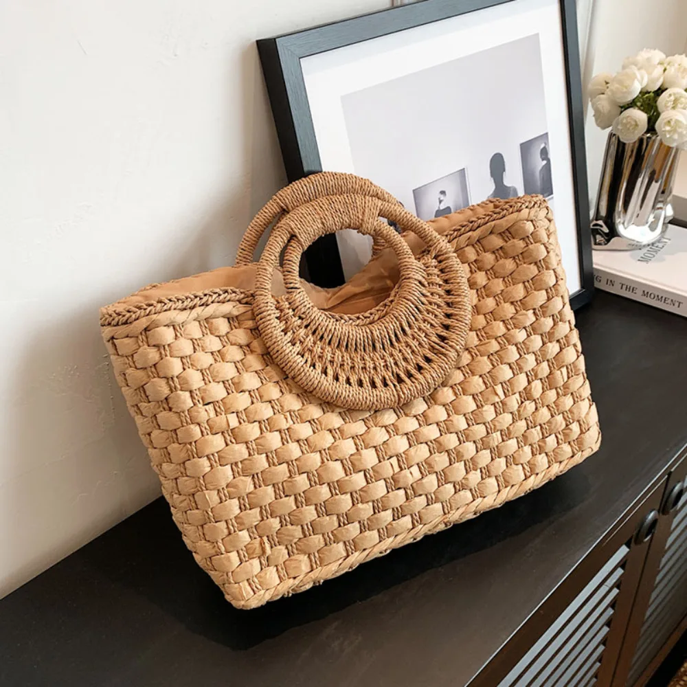 

Boho Straw Bag Women Summer Handbag Half Moon Shape Rattan Woven Shopper Bag Large Capacity Beach Bag Vacation Tote Bag Female