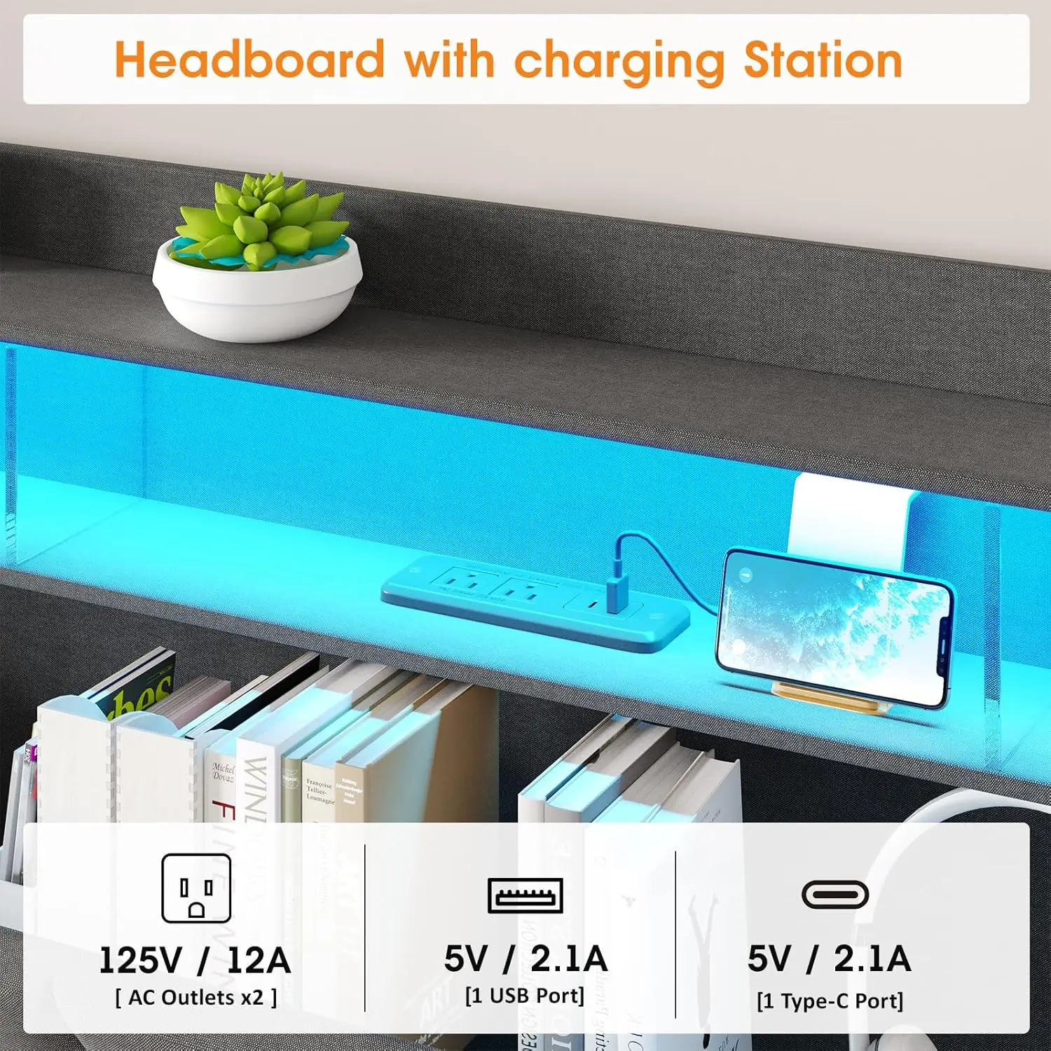 Vabches Queen Size Bed Frame with Headboard&4 Dustproof Storage Drawer Upholstered Platform Bed Frame with Power Strip&LED Light 5