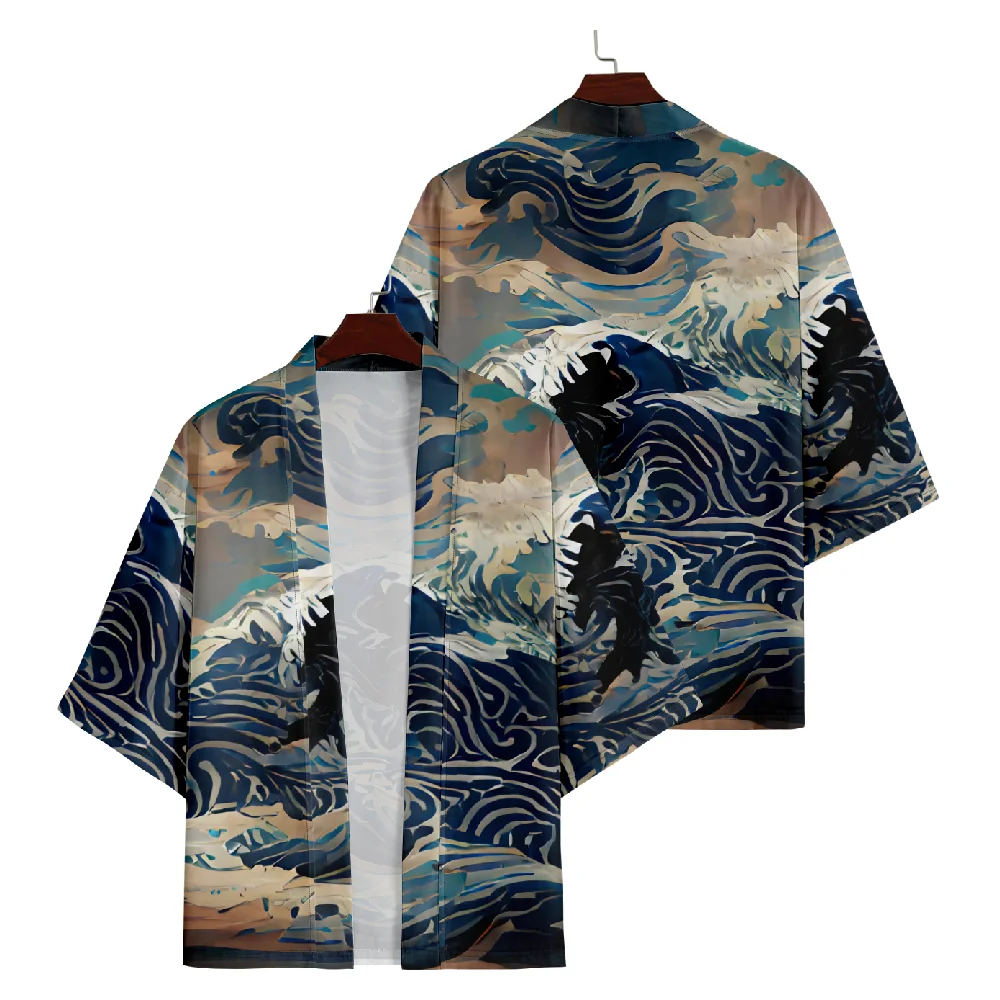 

Japanese Style Wave Print Kimono Cardigan Shirt Women Men Yukata Beach Samurai Haori Traditional Top