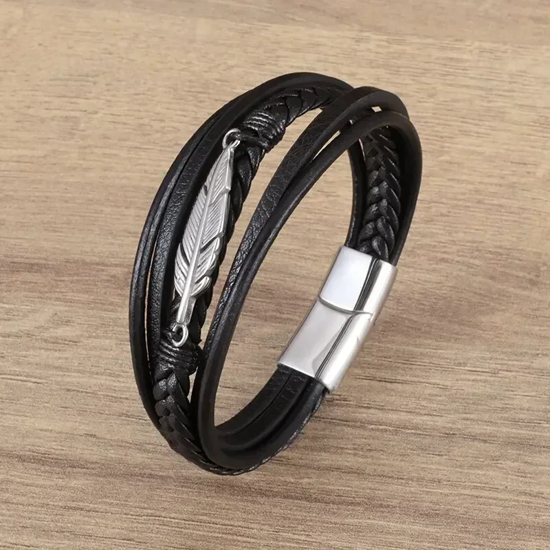 Classic Multi-layered Leather Feather Metal Buckle Bracelet Men's Business Casual Party Jewelry Gifts leather braided bracelet leather bracelet