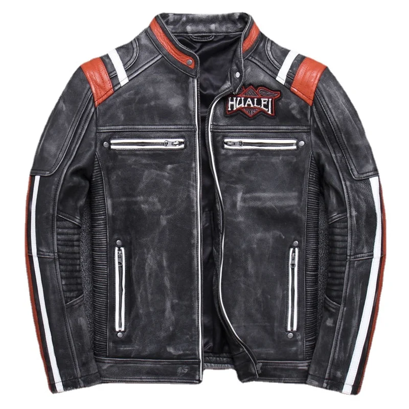 

Genuine Leather Jackets Men Real Cow Coats Short Design Punk Style