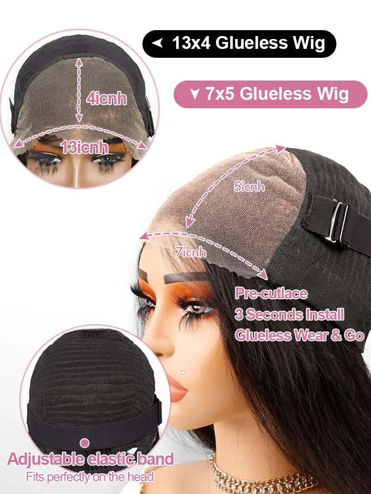 40 46 Inch Bone Straight 7x5 Glueless Wigs Human Hair Ready Wear And Go Pre Cut Lace 100% Human Hair 13x4 No Glue Silky Hair Frontal Wigs For Women 300 High Density Brazilian Preplucked Hairline 3-5 Day Fast Delived 8