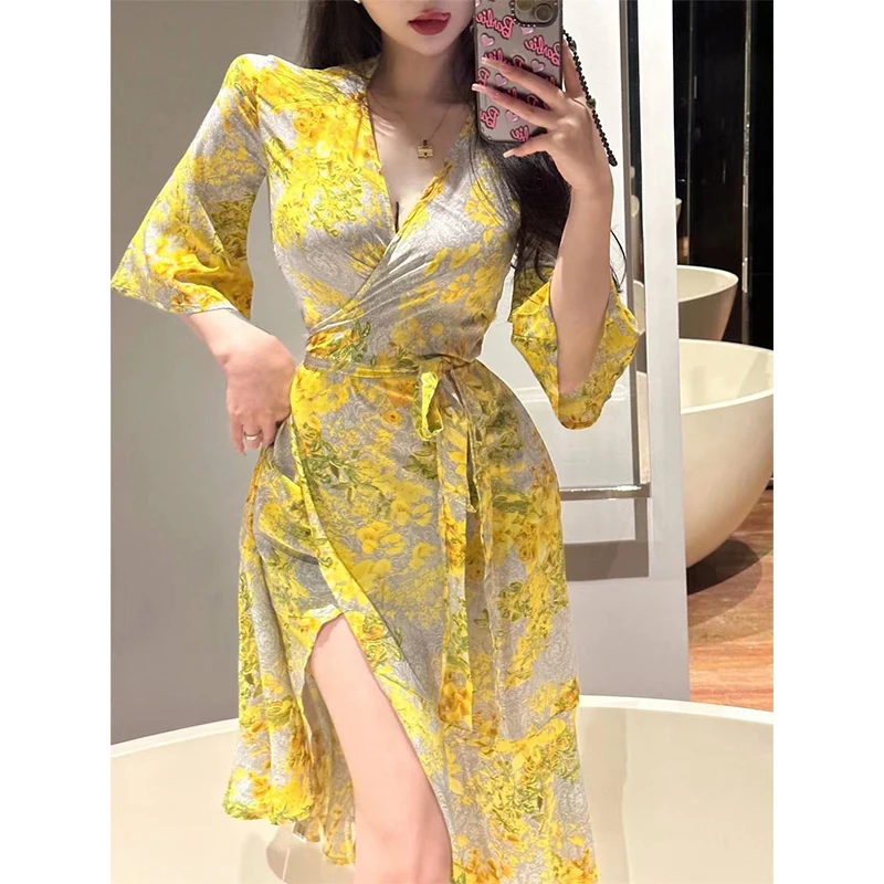 

2023 Yellow Robe Vintage Elegant Floral Print Wrap Dress Women Vacation Fish Tail Long Dress With Belt Evening Dress Vestidos