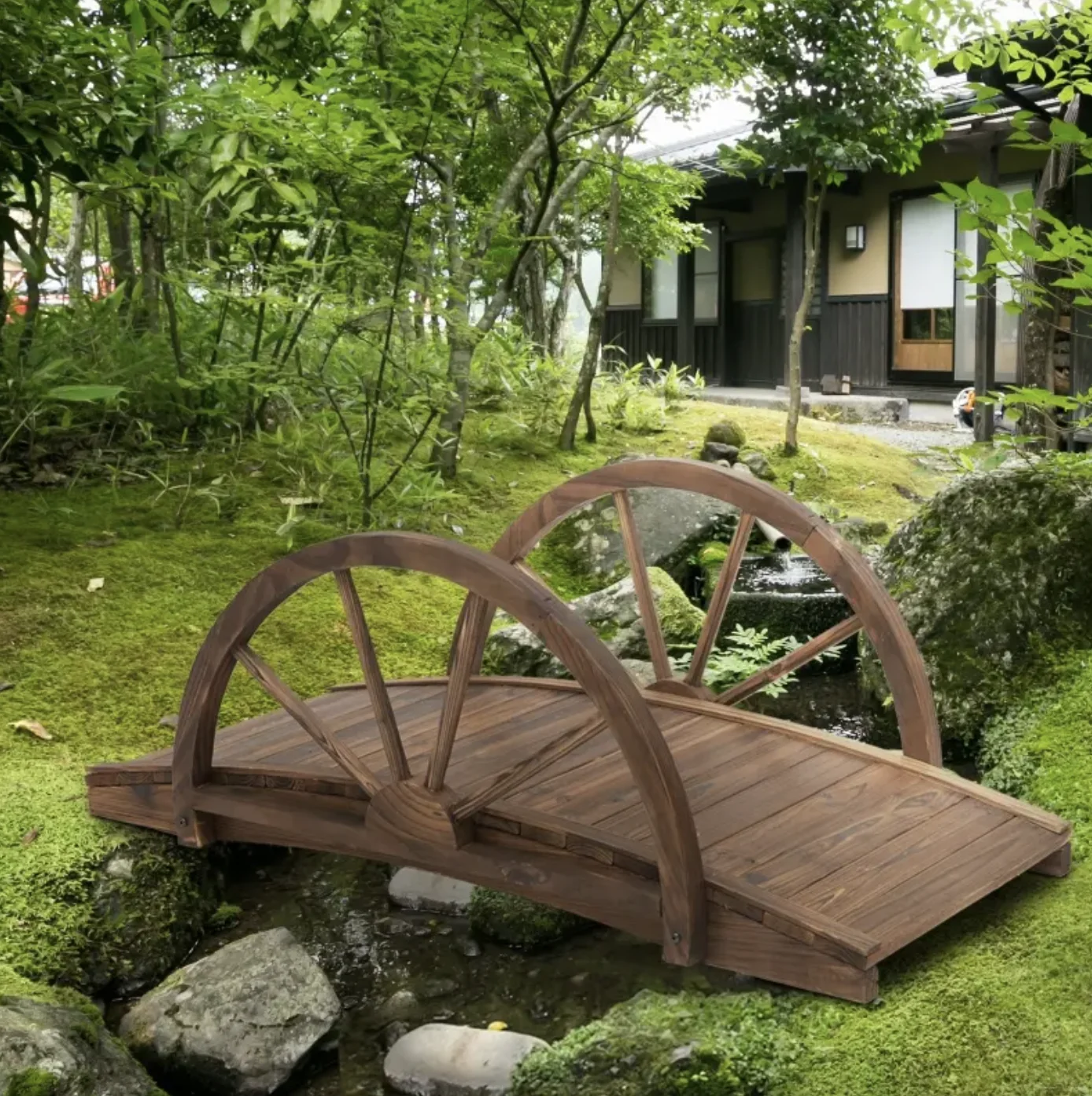 Outsunny Wooden Garden Bridge Decorative Arc Footbridge With Safety Guardrail Outdoor Lawn Pond Bridge Walkway Stained Wood W/ | UK